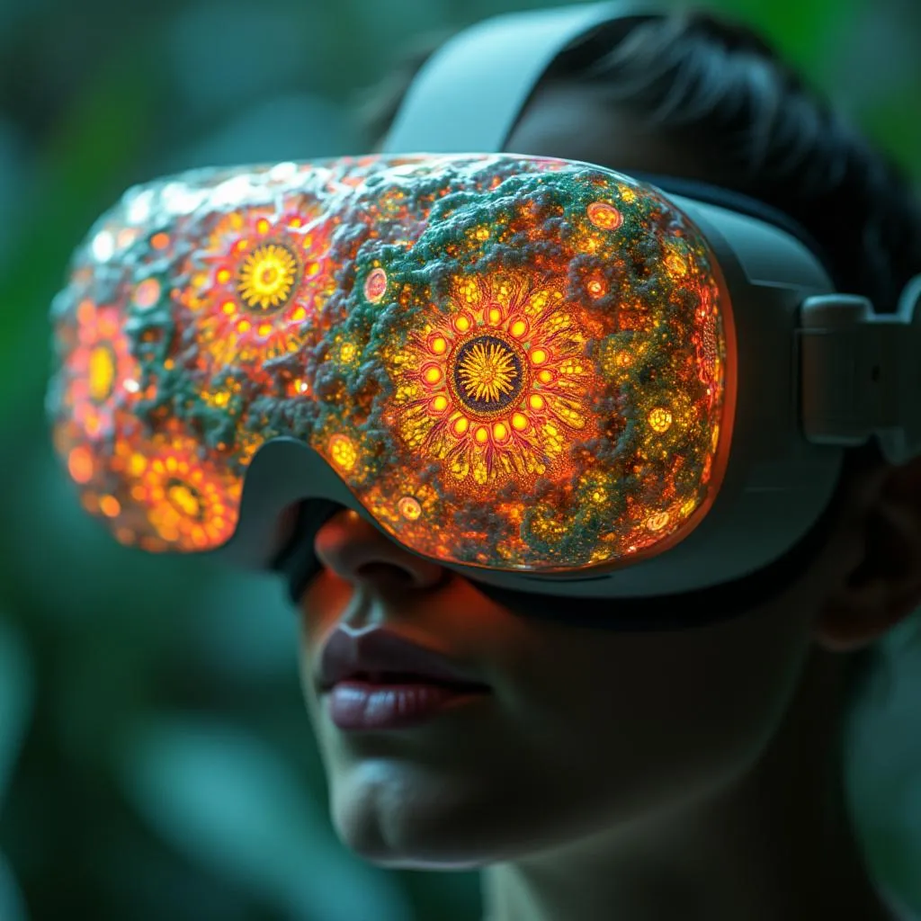 Detalle de headset VR mostrando arte biomórfico