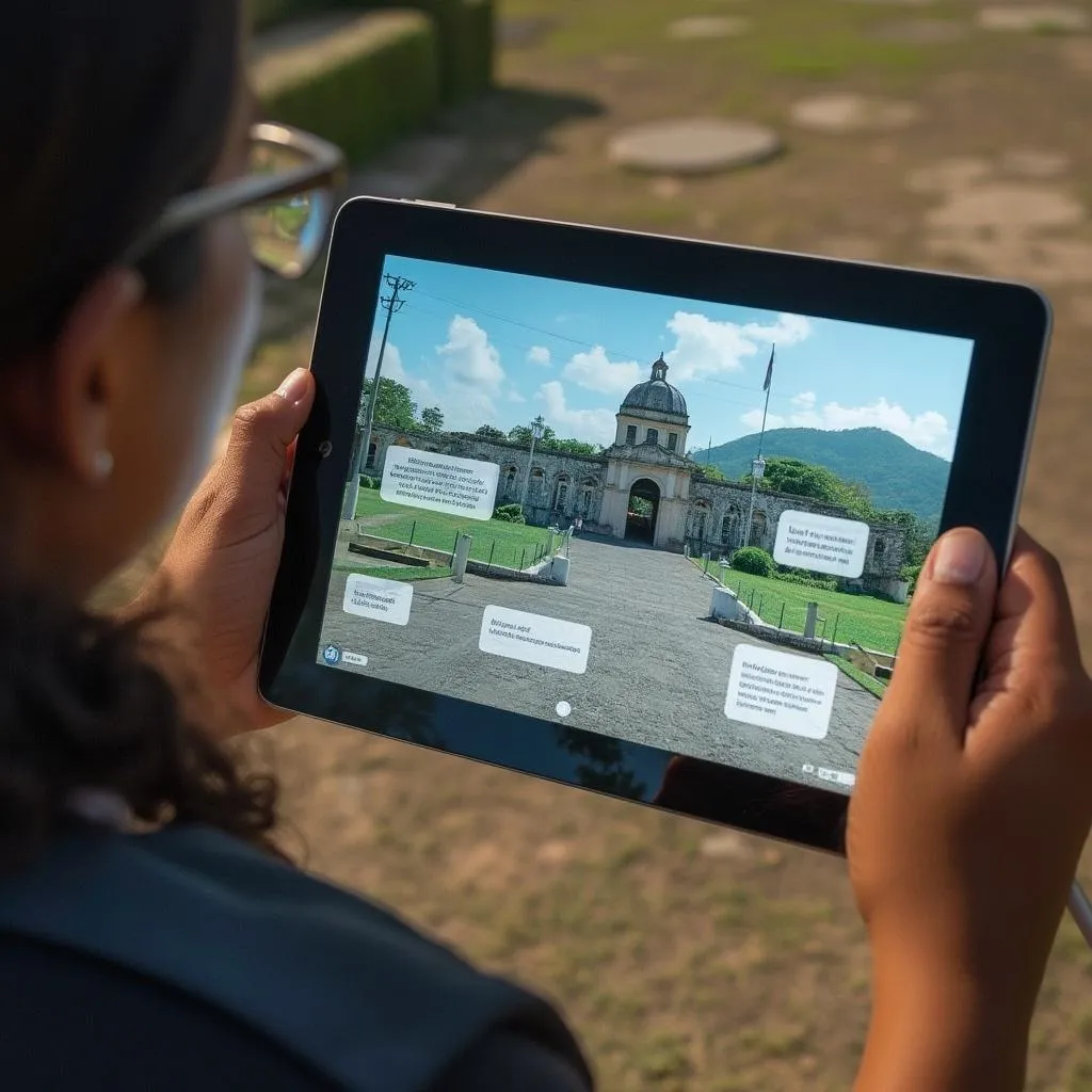 Usuario interactuando con app AR en un sitio histórico