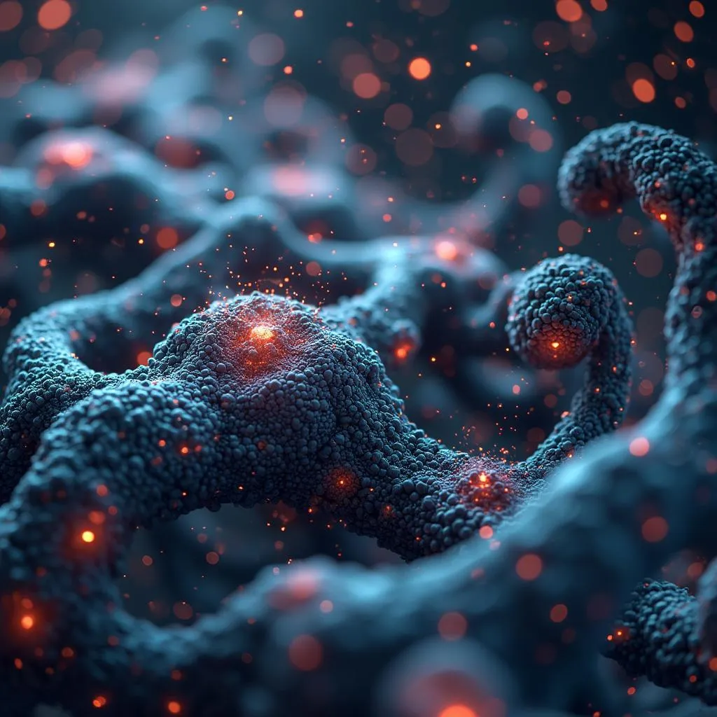 Visualización abstracta de innovación en AR/VR con elementos biomórficos y luces de neón